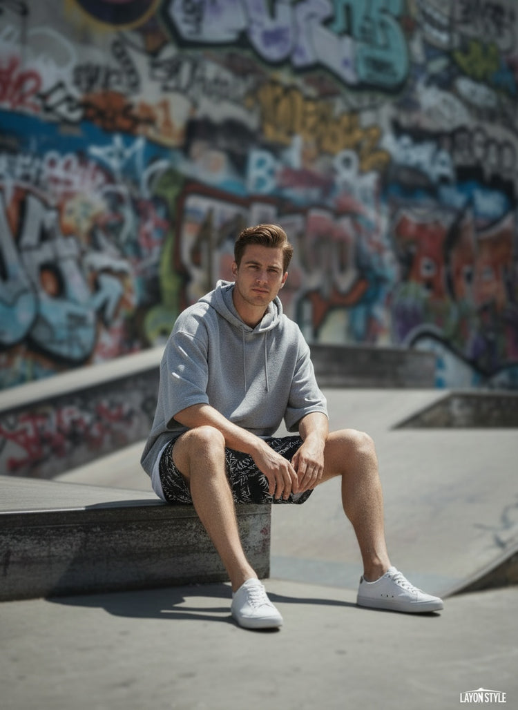 Model sitting while wearing All-Over Print Unisex Athletic Long Shorts
