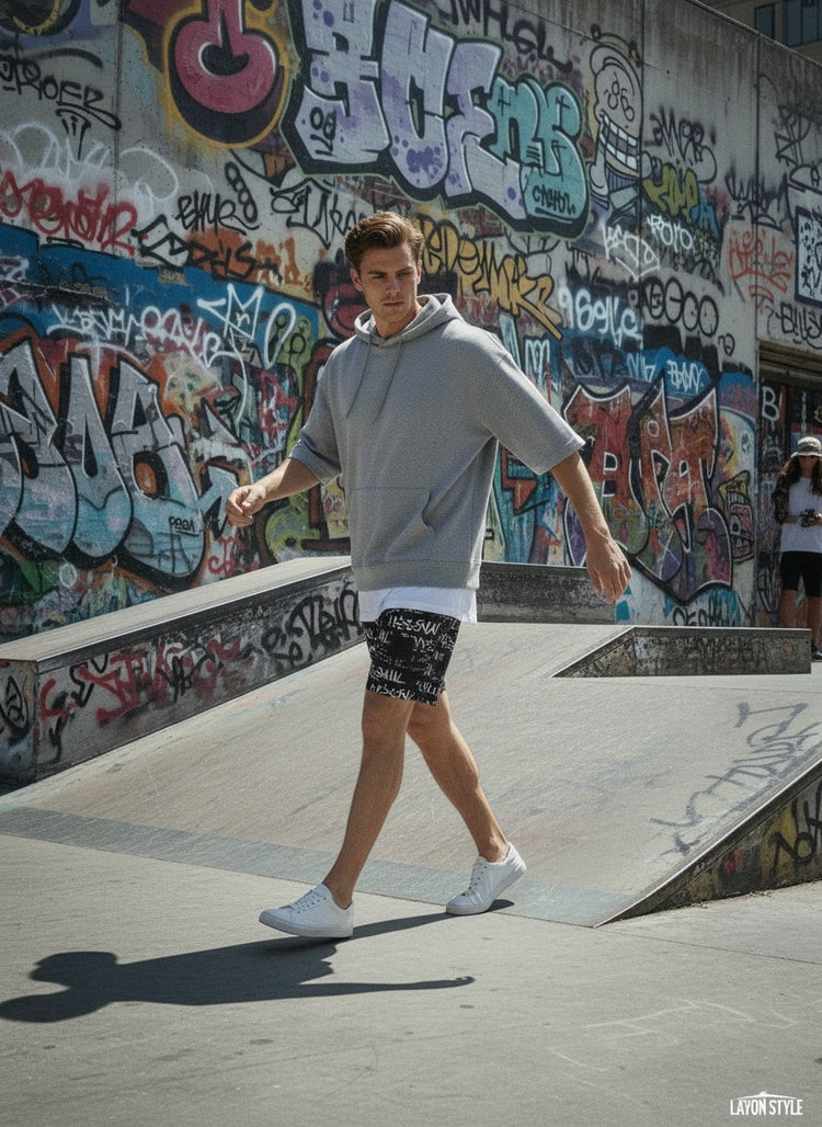 Model walking while wearing All-Over Print Unisex Athletic Long Shorts